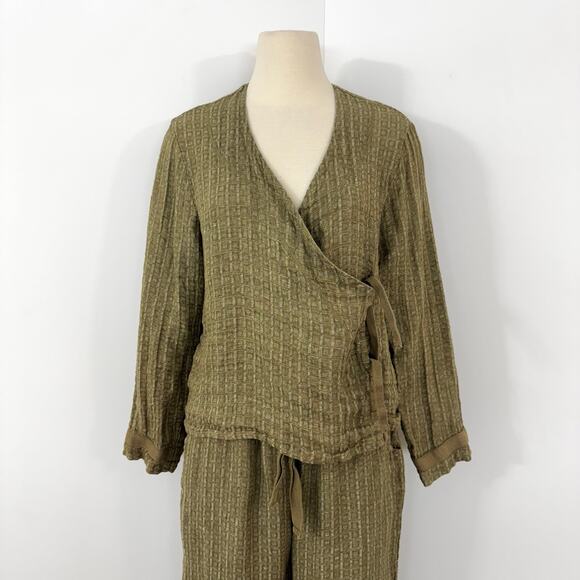 FLAX Linen Matching Set Wrap Top and Pants Olive Green M - Picture 2 of 13